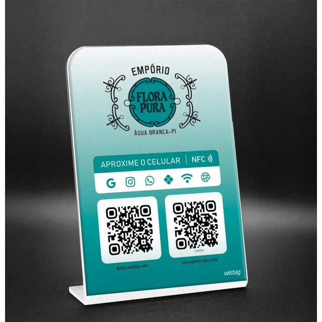Projeto de placa NFC MultLinks personalizada para Flora Pura, em verde e branco, com dois QR Codes