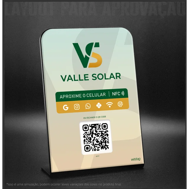 Projeto de placa NFC MultLinks personalizada Valle Solar, em verde e amarelo, com QR Code