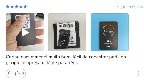 Print de avaliação com 5 estrelas e fotos do cartão: Cartão com material muito bom, fácil de cadastrar perfil do google, empresa está de parabéns.
